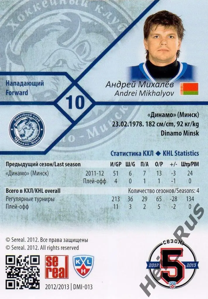Хоккей. Карточка Андрей Михалев (Динамо Минск) КХЛ/KHL сезон 2012/13 SeReal 1