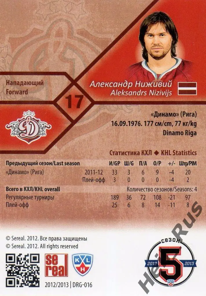 Хоккей. Карточка Александр Ниживий (Динамо Рига) КХЛ/KHL сезон 2012/13 SeReal 1