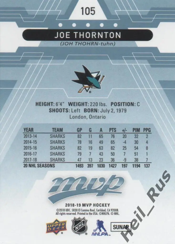 Хоккей Карточка Joe Thornton/Джо Торнтон San Jose Sharks/Сан-Хосе Шаркс, НХЛ/NHL 1