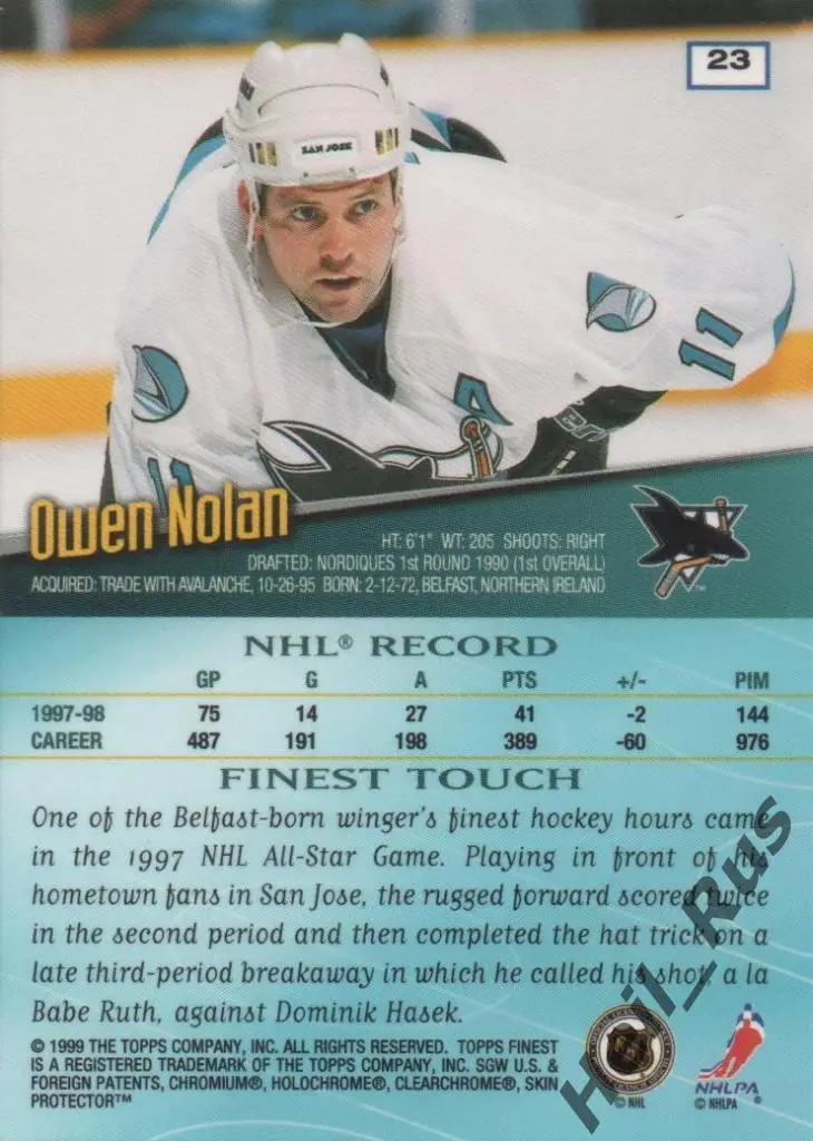 Хоккей. Карточка Owen Nolan/Оуэн Нолан (San Jose Sharks/Сан-Хосе Шаркс) НХЛ/NHL 1