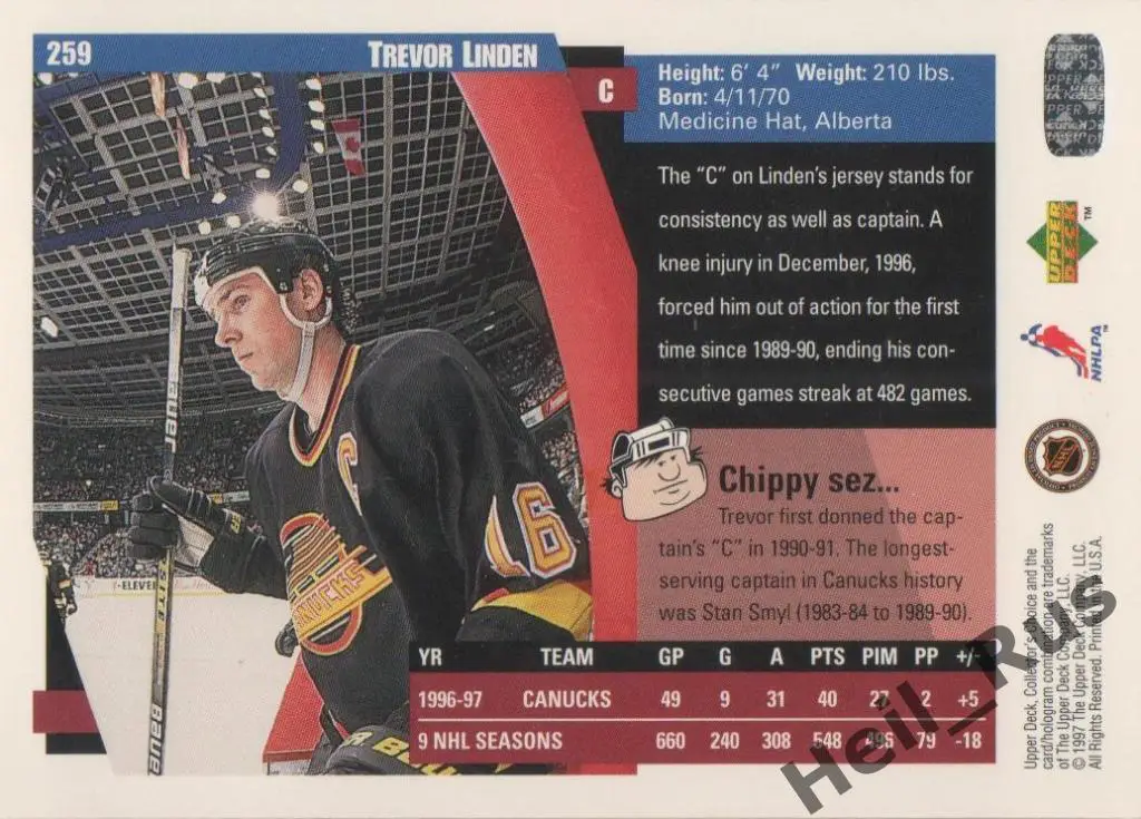 Хоккей Карточка Trevor Linden/Тревор Линден (Vancouver Canucks/Ванкувер) НХЛ/NHL 1