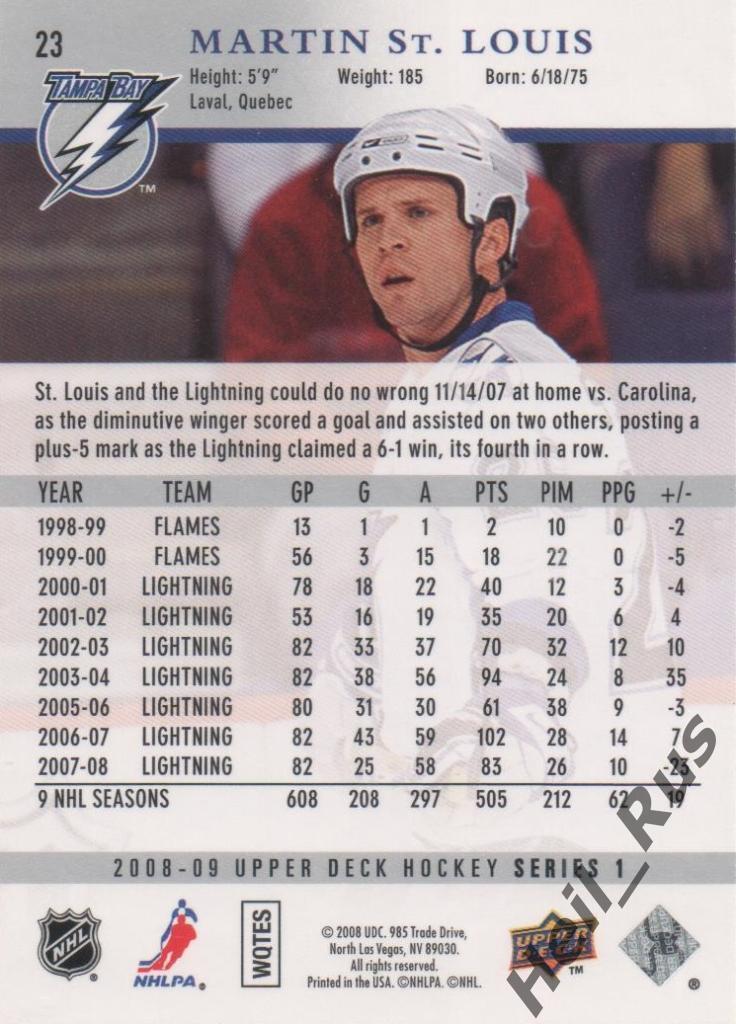 Хоккей. Карточка Martin St. Louis / Мартен Сан-Луи (Tampa Bay Lightning) НХЛ/NHL 1