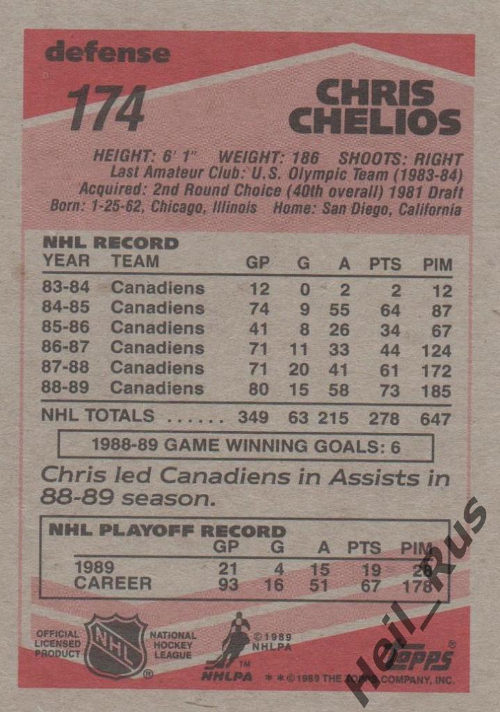 Хоккей. Карточка Chris Chelios/Крис Челиос (Montreal Canadiens/Монреаль) НХЛ/NHL 1