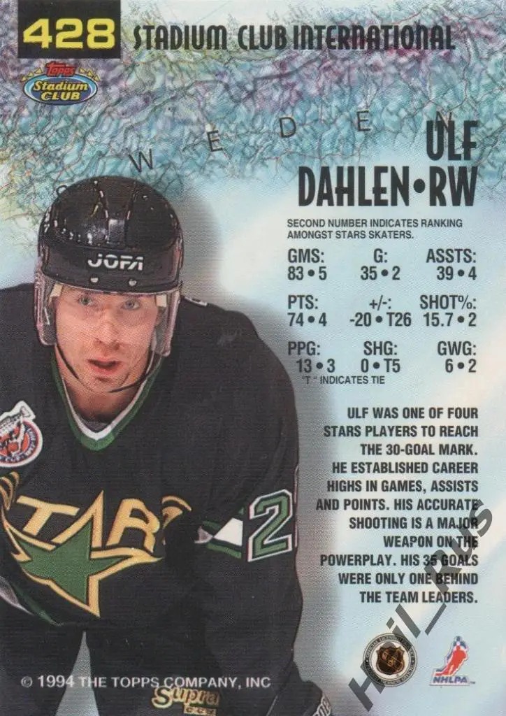 Хоккей. Карточка Ulf Dahlen / Ульф Дален (Dallas Stars / Даллас Старз) НХЛ/NHL 1