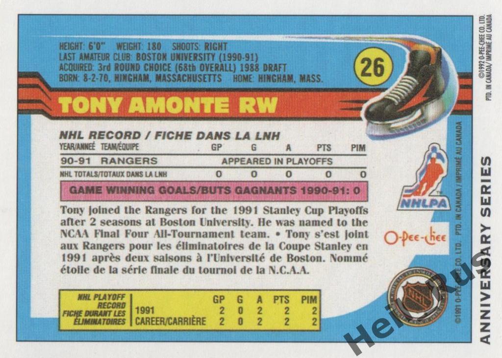 Хоккей. Карточка Tony Amonte / Тони Амонте (New York Rangers / Нью-Йорк) НХЛ/NHL 1