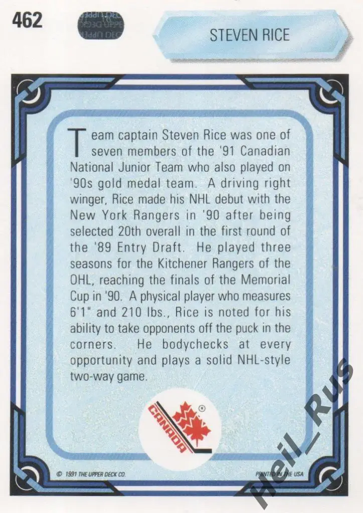 Хоккей. Карточка Steven Rice / Стивен Райс (Canada / Канада) НХЛ/NHL 1990-91 1