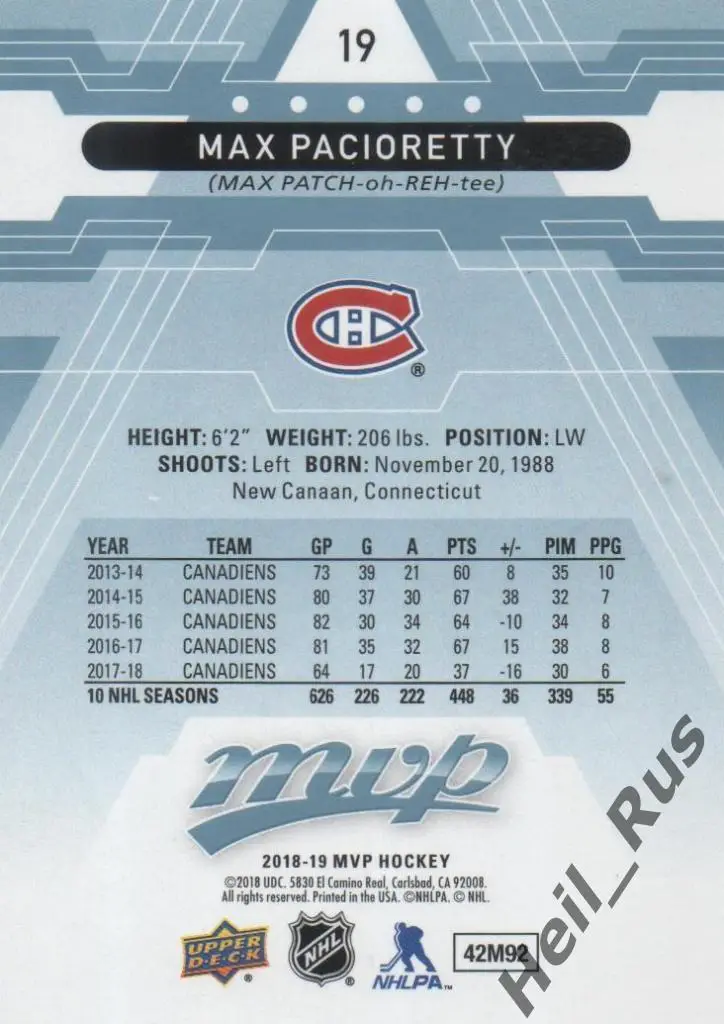 Хоккей. Карточка Max Pacioretty / Макс Пачиоретти (Montreal Canadiens) НХЛ/NHL 1