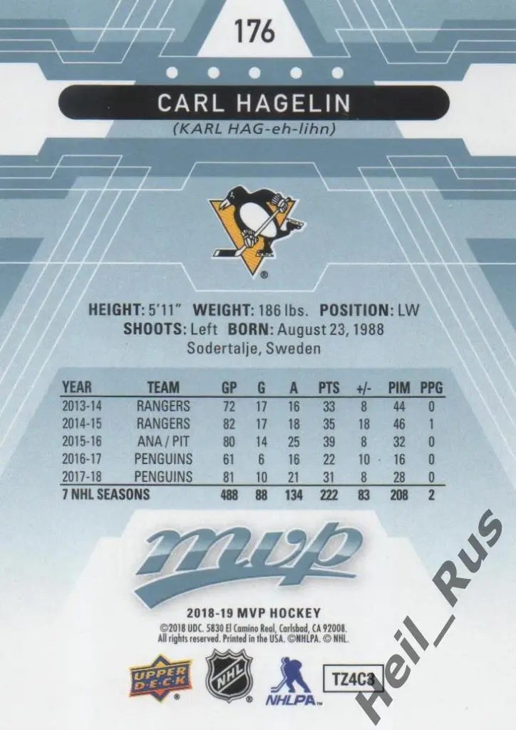 Хоккей. Карточка Carl Hagelin/Карл Хагелин Pittsburgh Penguins/Питтсбург НХЛ/NHL 1