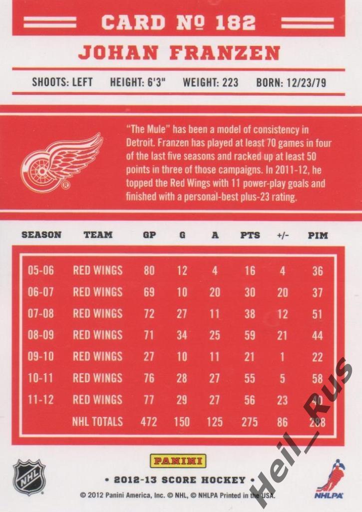 Хоккей. Карточка Johan Franzen/Юхан Франзен (Detroit Red Wings/Детройт) НХЛ/NHL 1
