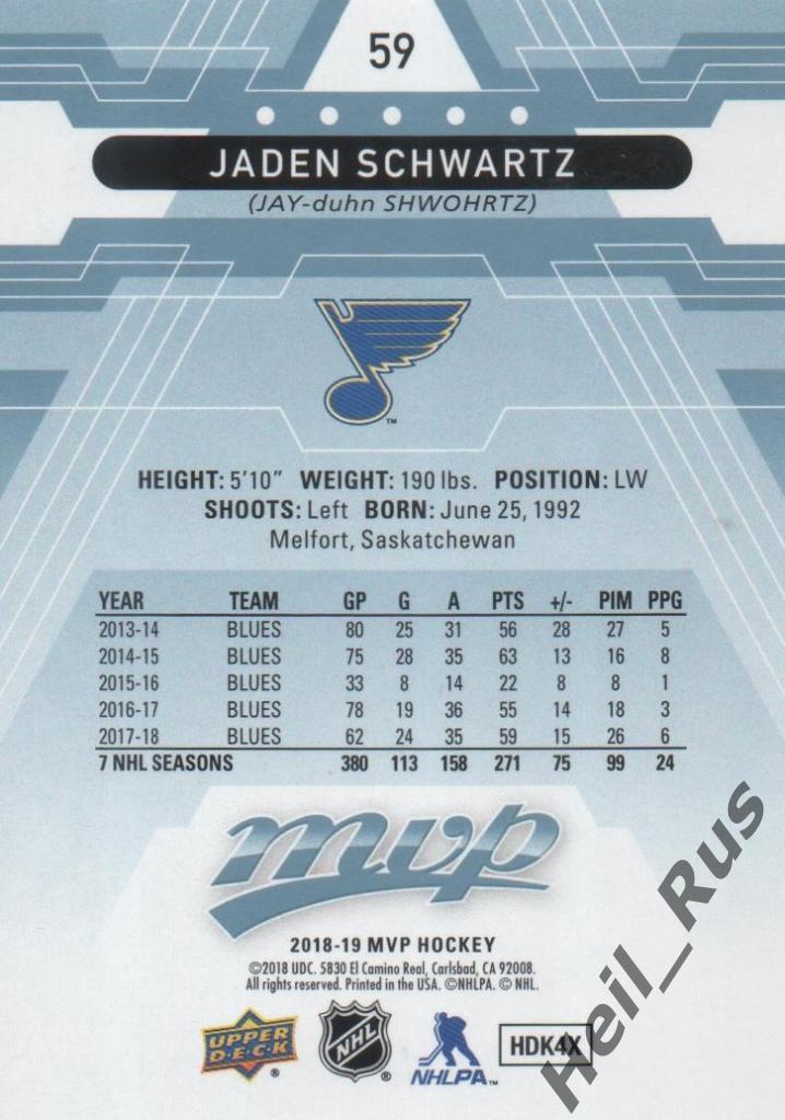Хоккей Карточка Jaden Schwartz/Джейден Шварц (St. Louis Blues/Сент-Луис) НХЛ/NHL 1