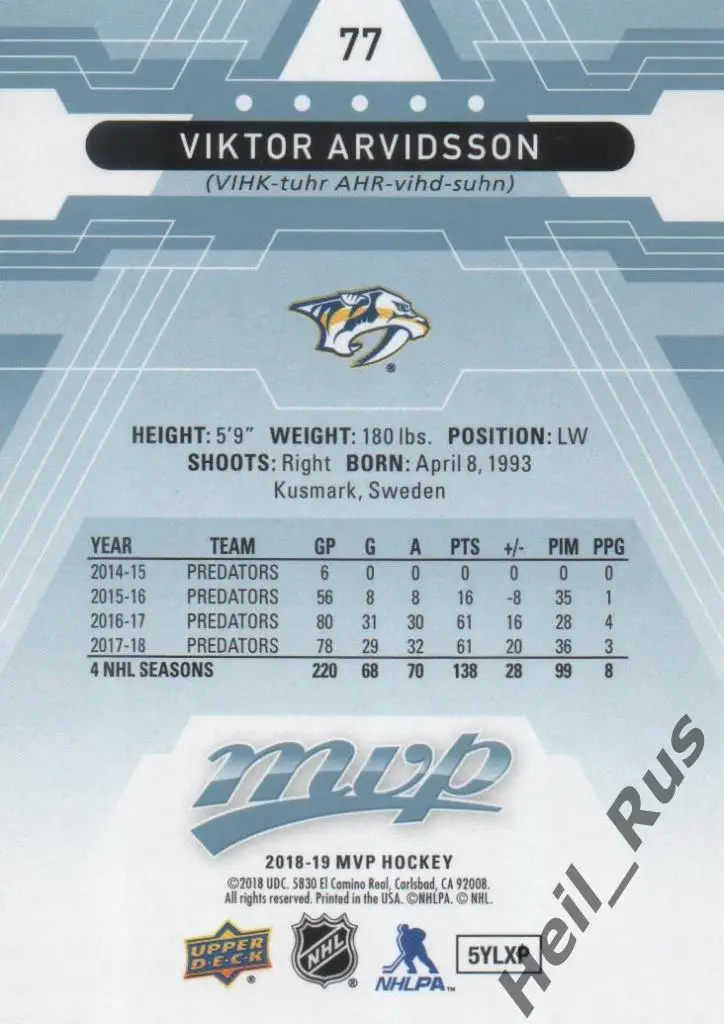 Хоккей. Карточка Viktor Arvidsson/Виктор Арвидссон (Nashville Predators) НХЛ/NHL 1