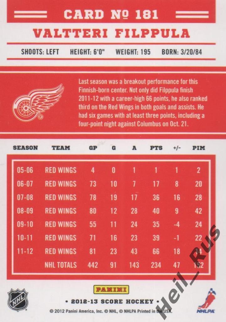 Хоккей. Карточка Valtteri Filppula/Валттери Филппула (Detroit Red Wings) НХЛ/NHL 1