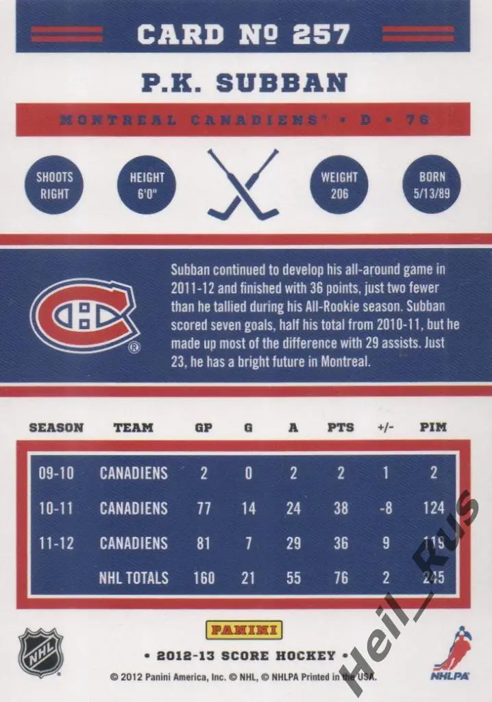 Хоккей Карточка P. K. Subban/Пи-Кей Суббан (Montreal Canadiens/Монреаль) NHL/НХЛ 1