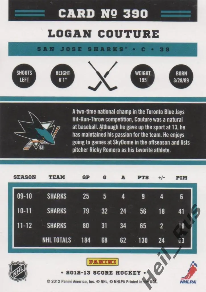 Хоккей Карточка Logan Couture/Логан Кутюр San Jose Sharks/Сан-Хосе Шаркс НХЛ NHL 1