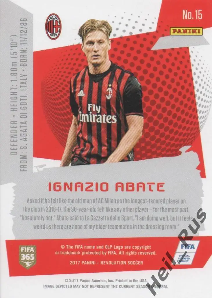 Футбол. Карточка Ignazio Abate/Иньяцио Абате (AC Milan/Милан) Panini/Панини 2017 1