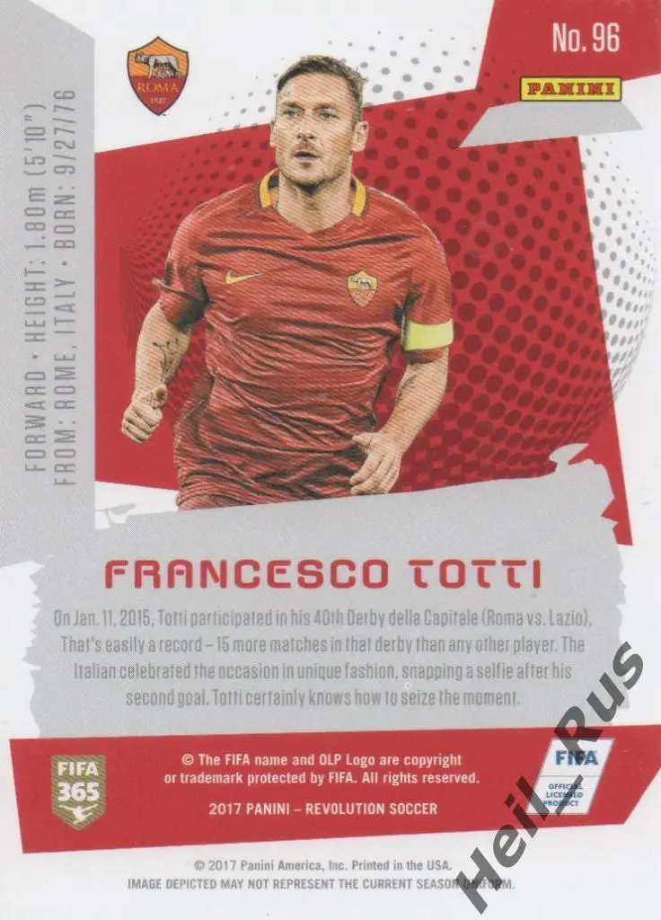 Футбол. Карточка Francesco Totti/Франческо Тотти (Roma/Рома) Panini/Панини 2017 1