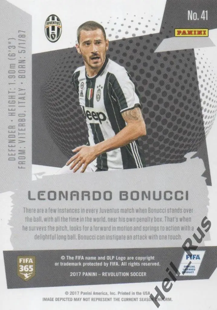 Футбол. Карточка Leonardo Bonucci/Леонардо Бонуччи (Ювентус, Милан) Panini 2017 1
