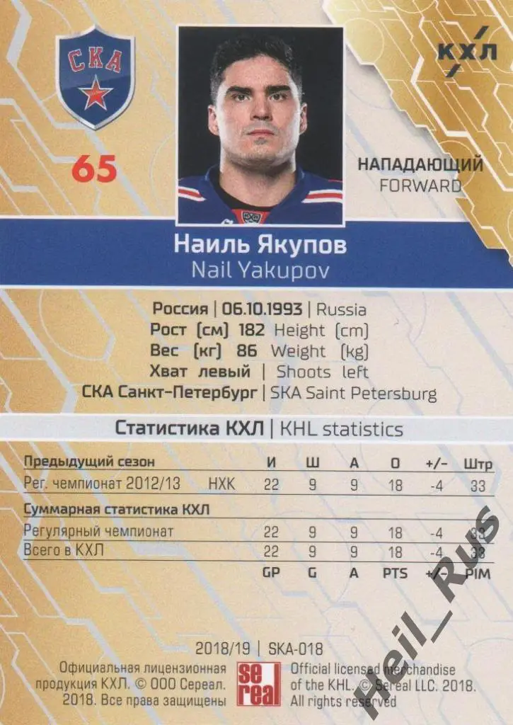 Хоккей. Карточка Наиль Якупов (СКА Санкт-Петербург) КХЛ/KHL сезон 2018/19 SeReal 1