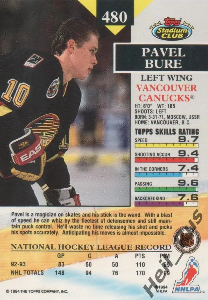 Хоккей Карточка Павел Буре (Ванкувер/Vancouver Canucks, Спартак/ЦСКА Москва) НХЛ 1