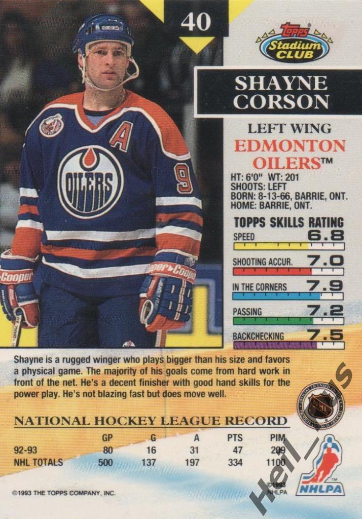 Хоккей. Карточка Shayne Corson/Шейн Корсон (Edmonton Oilers / Эдмонтон) НХЛ/NHL 1