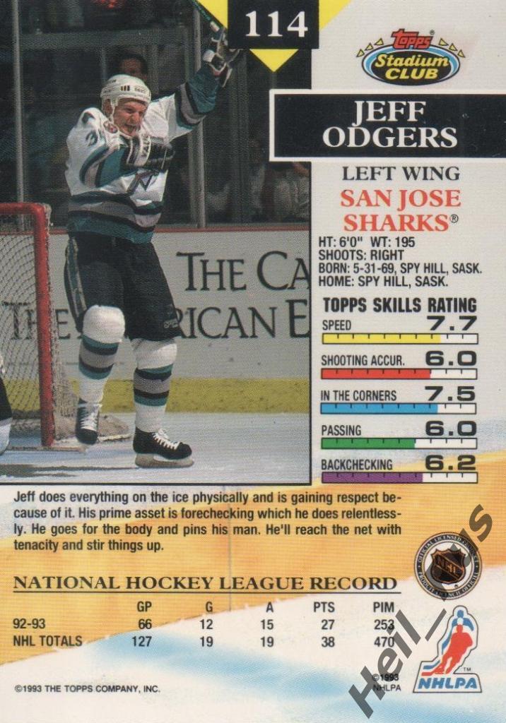 Хоккей. Карточка Jeff Odgers/Джефф Оджерс San Jose Sharks/Сан-Хосе Шаркс НХЛ/NHL 1
