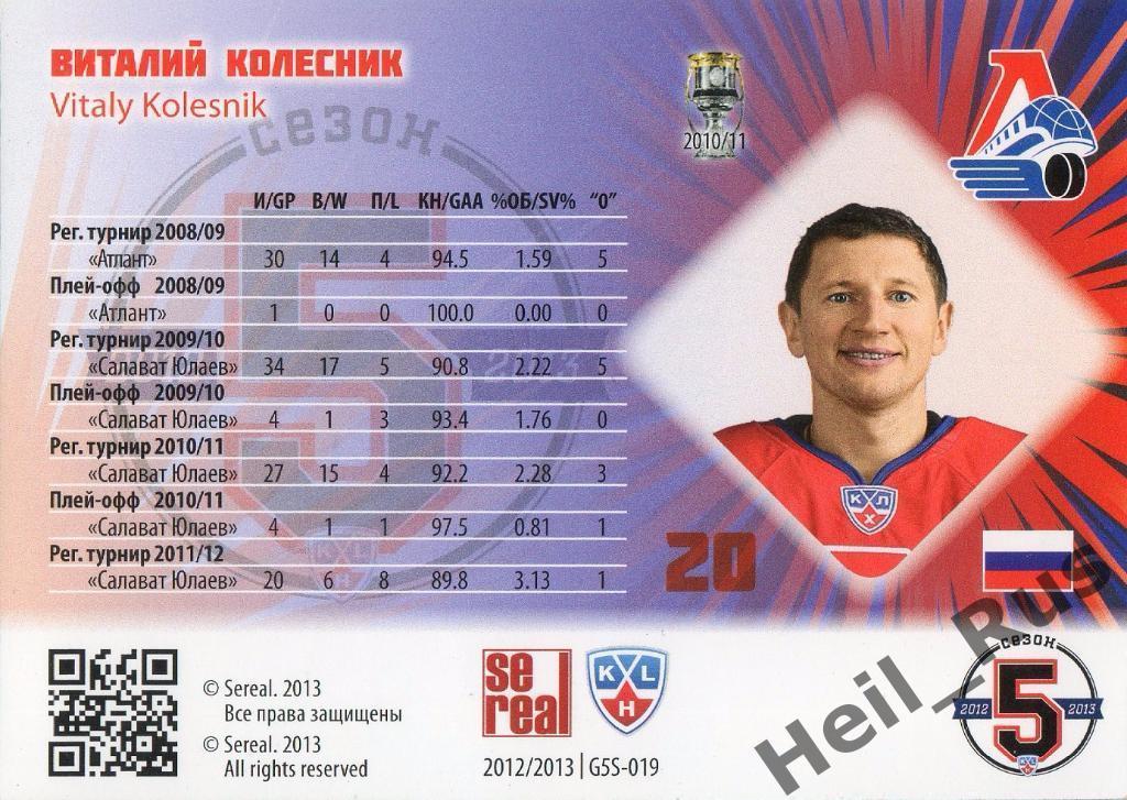 Хоккей. Карточка Виталий Колесник (Локомотив Ярославль) КХЛ/KHL 2012/13 SeReal 1