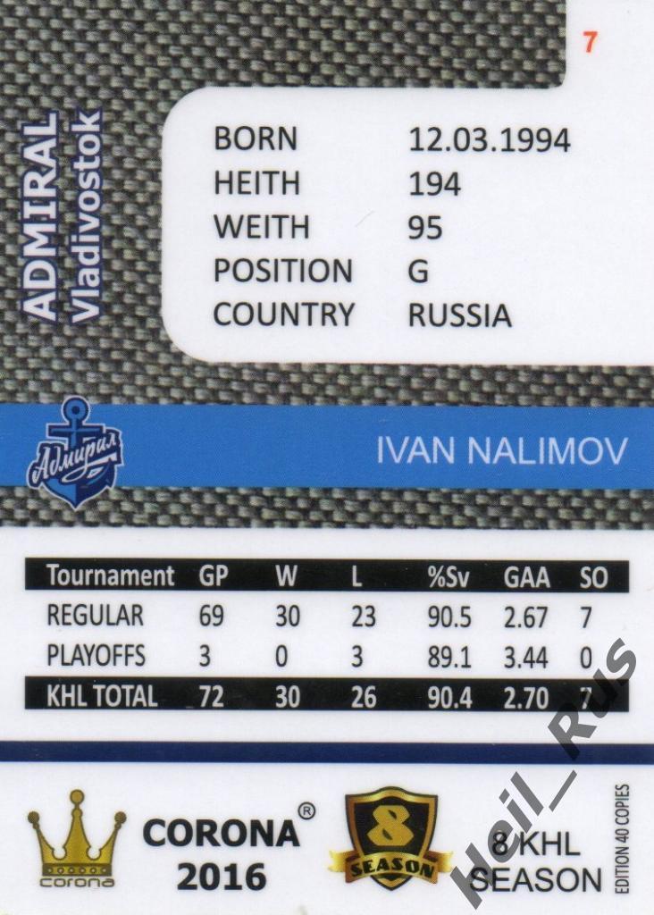 Хоккей. Карточка Иван Налимов (Адмирал Владивосток) КХЛ/KHL 8 сезон 2015/16 1