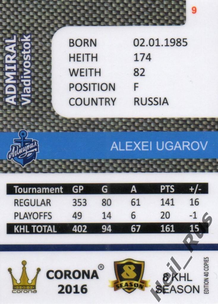 Хоккей. Карточка Алексей Угаров (Адмирал Владивосток) КХЛ/KHL 8 сезон 2015/16 1