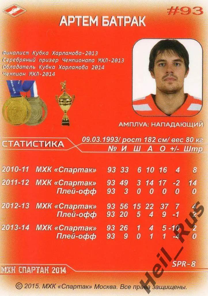 Хоккей. Карточка Артем Батрак (МХК Спартак Москва) 1