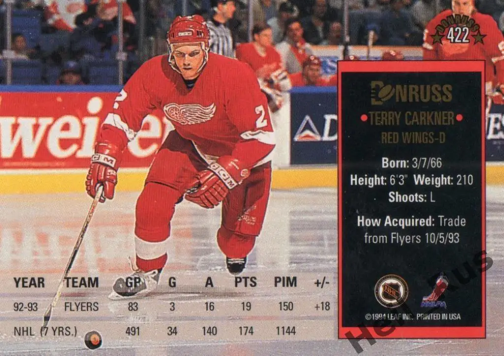 Хоккей. Карточка Terry Carkner/Терри Каркнер (Detroit Red Wings/Детройт) НХЛ/NHL 1