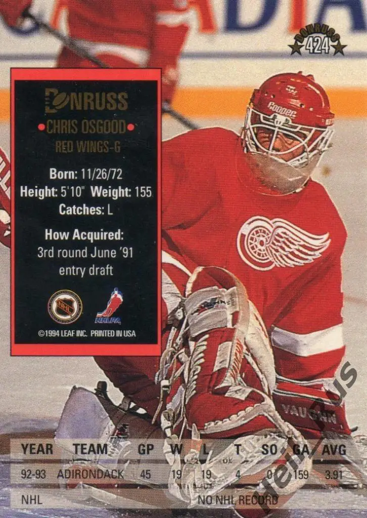 Хоккей. Карточка Chris Osgood/Крис Осгуд (Detroit Red Wings / Детройт) НХЛ/NHL 1