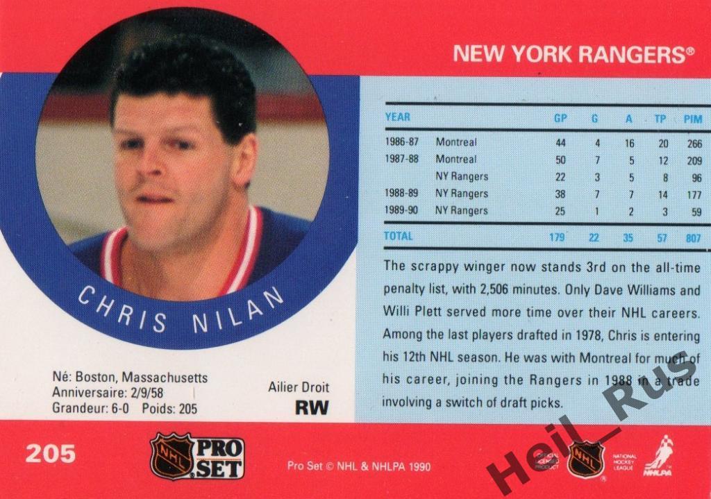 Хоккей. Карточка Chris Nilan / Крис Нилан (New York Rangers / Рейнджерс) НХЛ/NHL 1