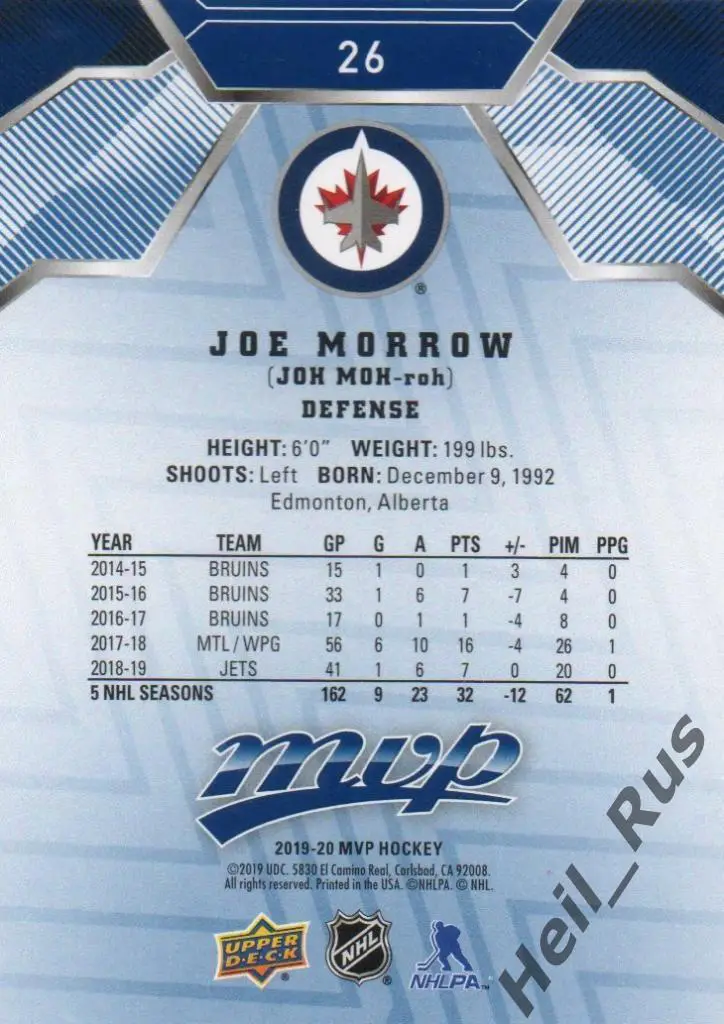 Хоккей Карточка Joe Morrow/Джо Морроу (Winnipeg Jets, Динамо Минск) НХЛ/NHL, КХЛ 1
