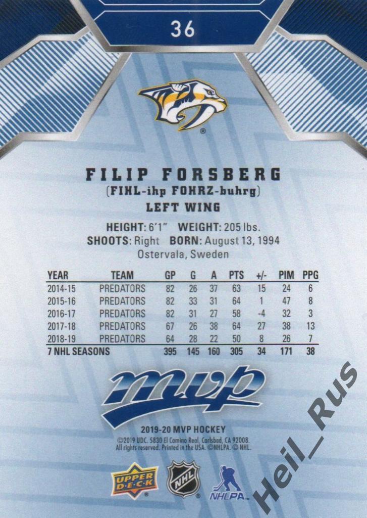 Хоккей. Карточка Filip Forsberg / Филип Форсберг (Nashville Predators) НХЛ/NHL 1