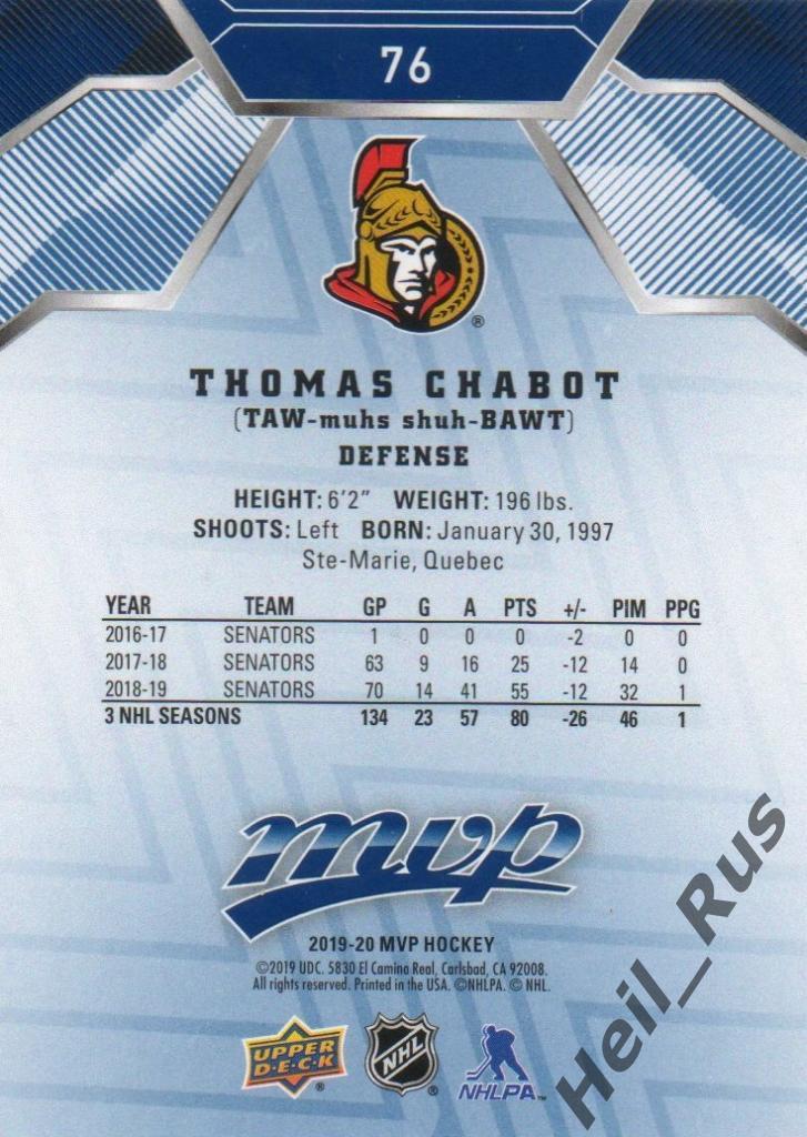 Хоккей. Карточка Thomas Chabot/Тома Шабо Ottawa Senators/Оттава Сенаторз НХЛ/NHL 1