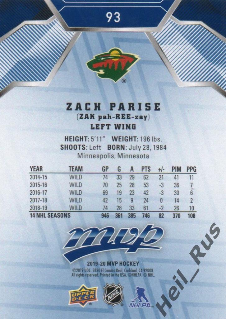 Хоккей. Карточка Zach Parise/Зак Паризе (Minnesota Wild/Миннесота Уайлд) НХЛ/NHL 1