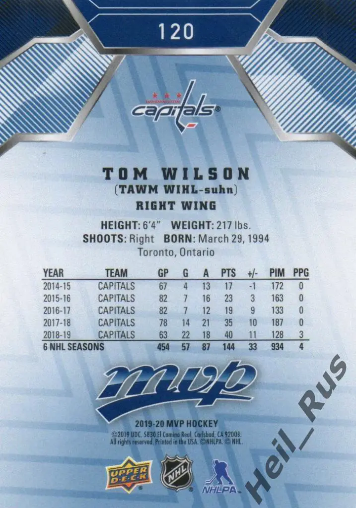 Хоккей. Карточка Tom Wilson/Том Уилсон (Washington Capitals / Вашингтон) НХЛ/NHL 1