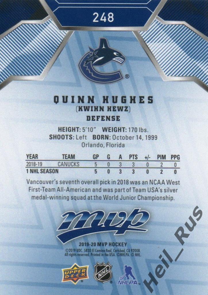 Хоккей. Карточка Quinn Hughes/Куинн Хьюз (Vancouver Canucks / Ванкувер) НХЛ/NHL 1
