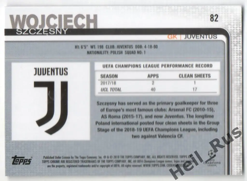 Футбол. Карточка Войцех Щенсный (Ювентус, Арсенал, Рома) Лига Чемпионов 2018-19 1
