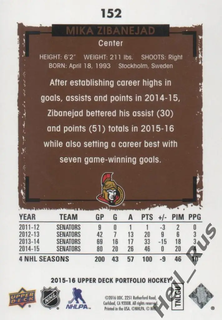 Хоккей. Карточка Mika Zibanejad/Мика Зибанежад (Ottawa Senators/Оттава) НХЛ/NHL 1