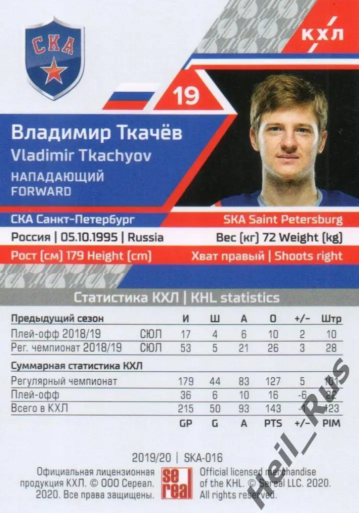 Хоккей. Карточка Владимир Ткачев (СКА Санкт-Петербург) КХЛ сезон 2019/20 SeReal 1