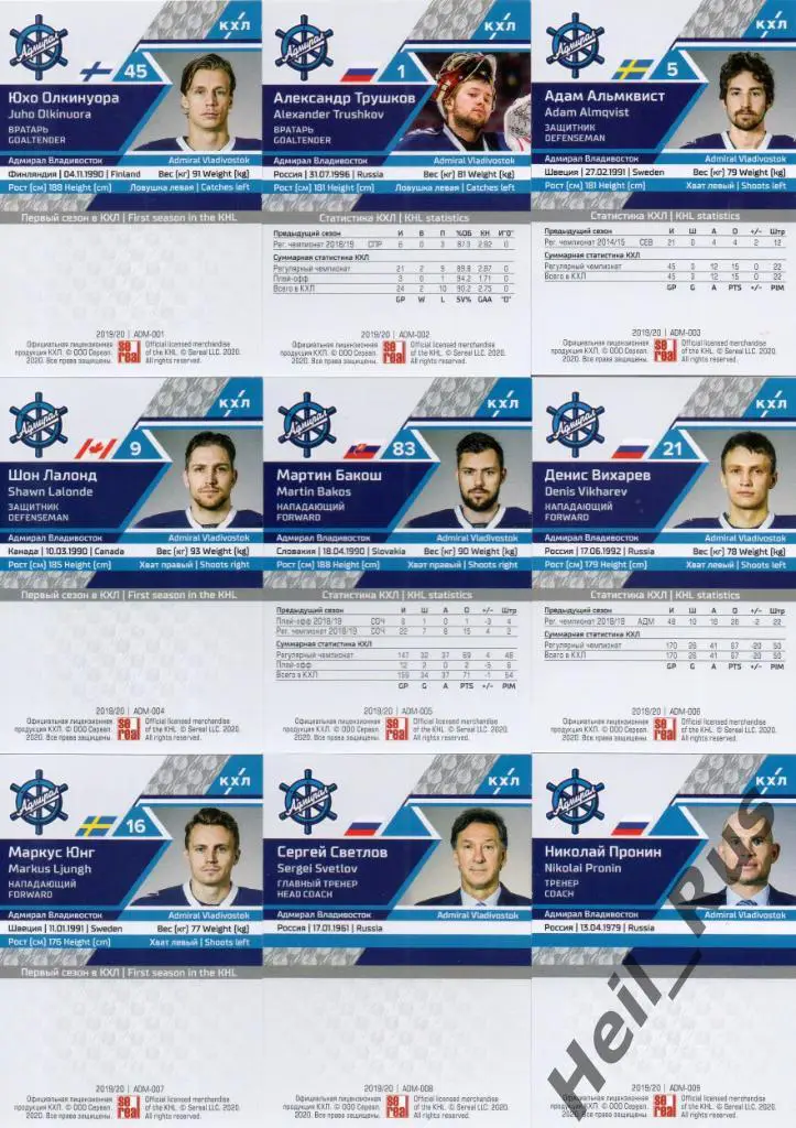 Хоккей. Адмирал Владивосток 9 карточек КХЛ сезон 2019/20 (Олкинуора, Вихарев) 1