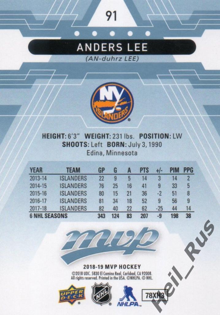 Хоккей. Карточка Anders Lee/Андерс Ли (New York Islanders / Айлендерс) НХЛ/NHL 1