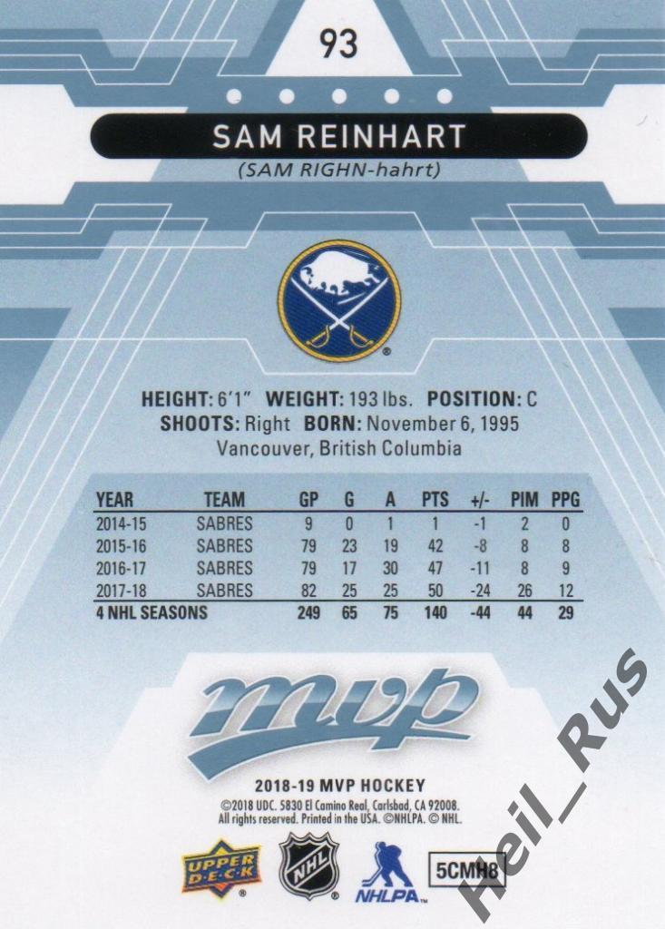 Хоккей. Карточка Sam Reinhart/Сэм Райнхарт Buffalo Sabres/Баффало Сейбрз НХЛ/NHL 1