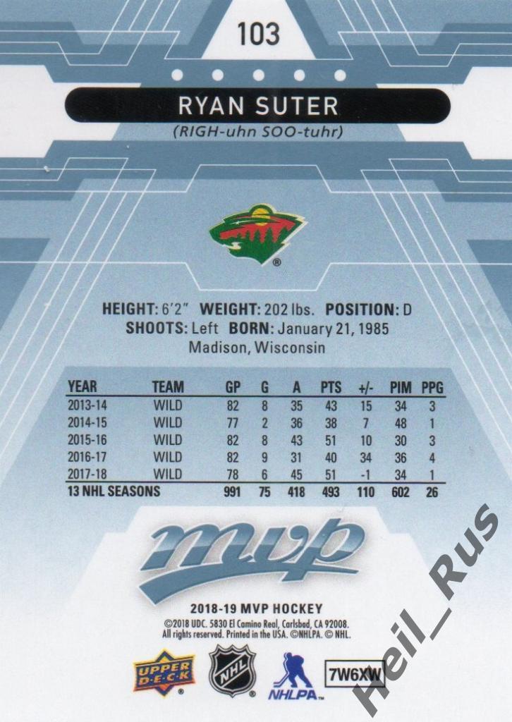 Хоккей. Карточка Ryan Suter/Райан Сутер (Minnesota Wild/Миннесота Уайлд) НХЛ/NHL 1