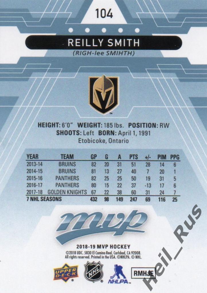 Хоккей. Карточка Reilly Smith/Райлли Смит (Vegas Golden Knights / Вегас) НХЛ/NHL 1