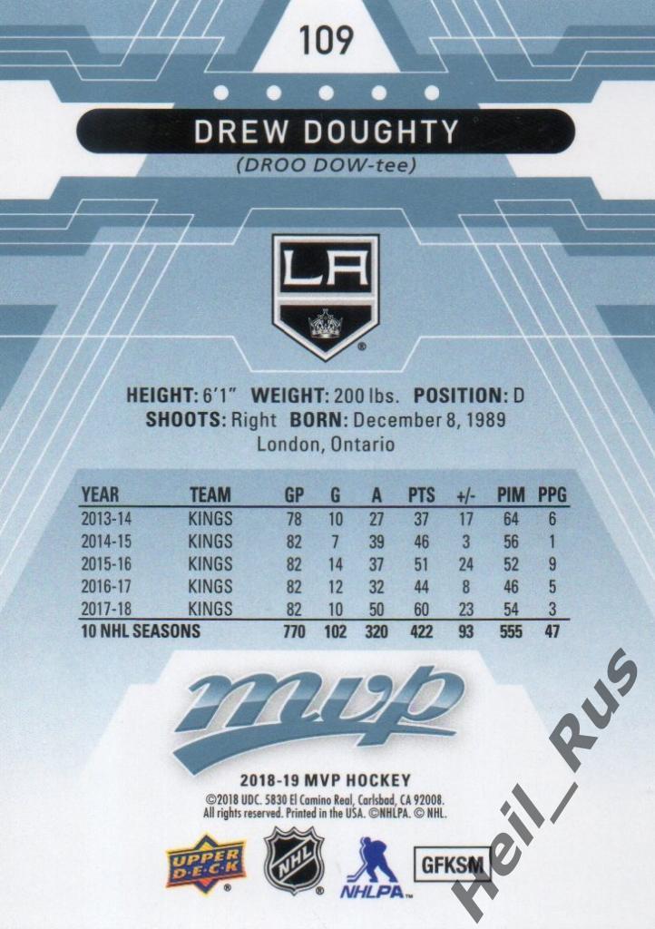 Хоккей Карточка Drew Doughty/Дрю Даути (Los Angeles Kings/Кингз) НХЛ/NHL 2018/19 1