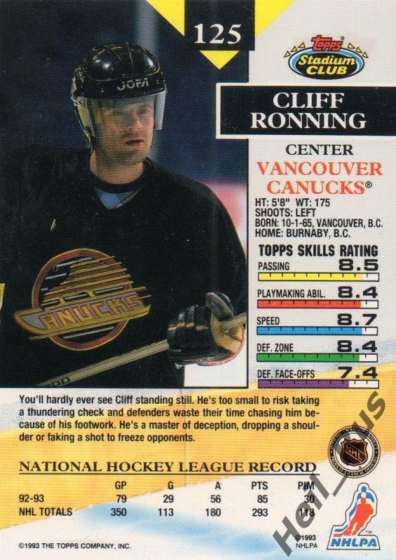 Хоккей Карточка Cliff Ronning/Клифф Роннинг (Vancouver Canucks/Ванкувер) НХЛ/NHL 1