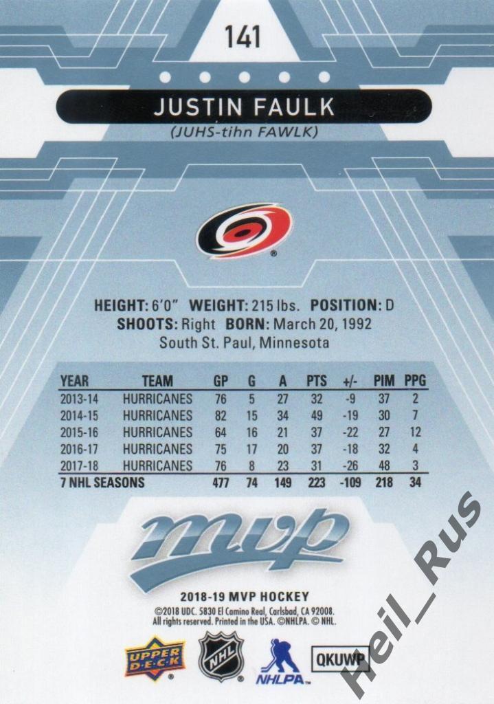 Хоккей Карточка Justin Faulk/Джастин Фолк (Carolina Hurricanes/Каролина) НХЛ/NHL 1
