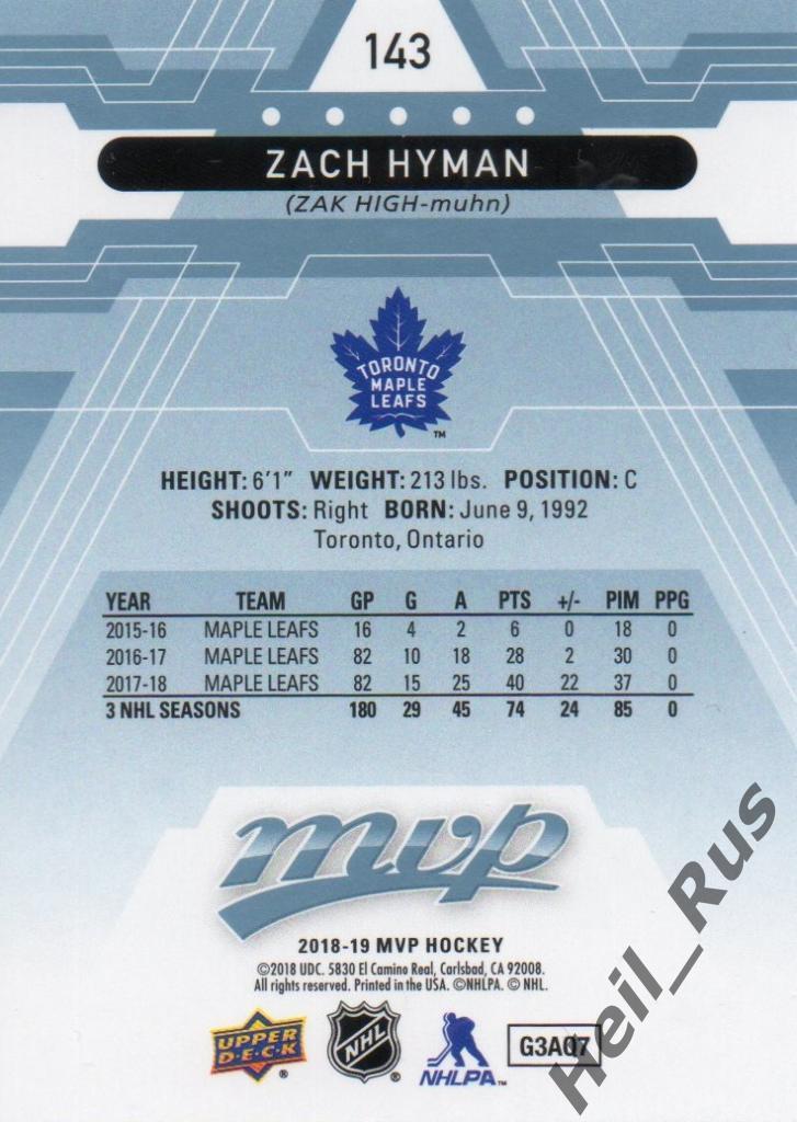 Хоккей. Карточка Zach Hyman / Зак Хайман (Toronto Maple Leafs / Торонто) НХЛ/NHL 1